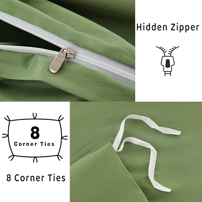 100% Organic Cotton Duvet Cover King 400 Thread Count Sateen Comforter Cover Soft and Breathable Cooling Bedding Set 3 Piece（Olive Green,King）