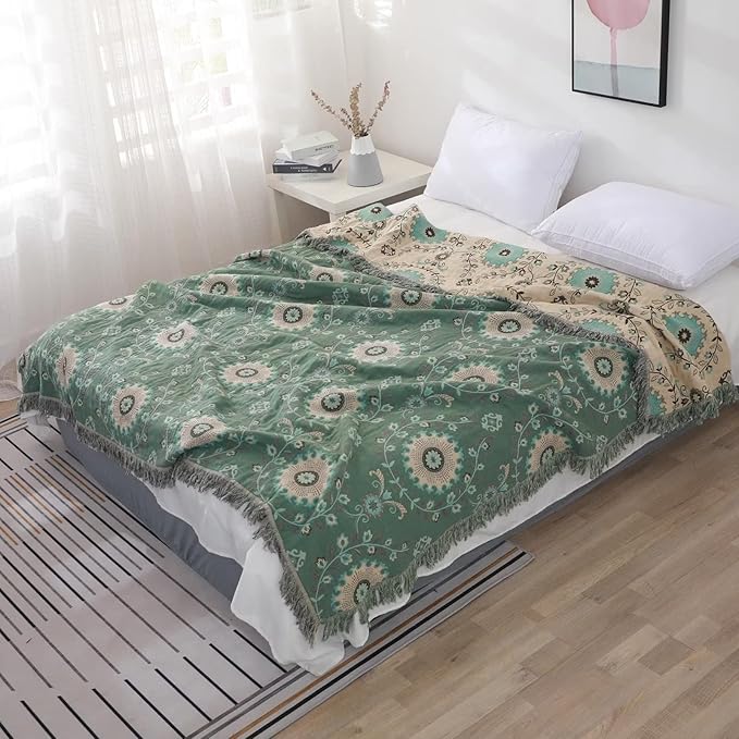 Boho Throw Blanket for Bed 100% Cotton Ultra Soft Rustic Quilt Fall Blanket Floral Printed Farmhouse Decor Bed Blankets,60"×80" All Season Rustic Throw for Sofa Couch Chair