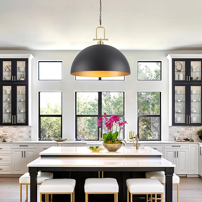 23.7" Oversize Dome Pendant Light, Black and Gold Pendant Light Fixtures Large Dome Chandelier for Dining Room, Kitchen Island, Entryway, Hallway, Bedroom