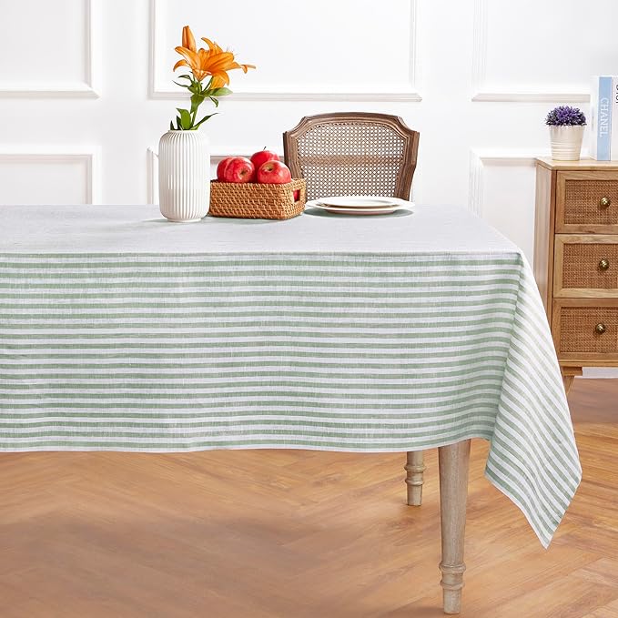 Solino Home Linen Tablecloth 52 x 52 Inch - Amalfi Stripe, 100% Pure Linen Green and White Square Tablecloth - Machine Washable Table Throw for Fall, Autumn, Christmas, Holiday