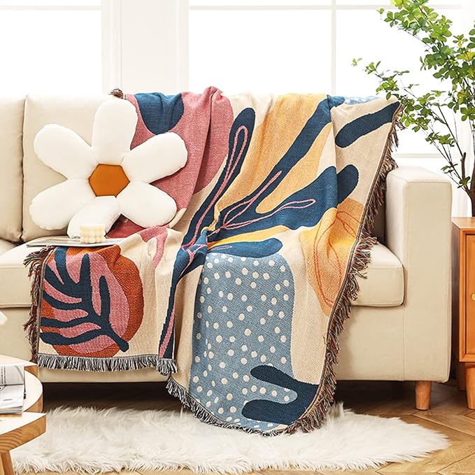Double-Sided Cotton Woven Throw Blanket with Tassel Jungle Bohemian Style Tapestry Shawl Multi-Function Decorative Throws for Sofa Bed Armchair Camping Blanket Tablecloth Carpet 160x130cm