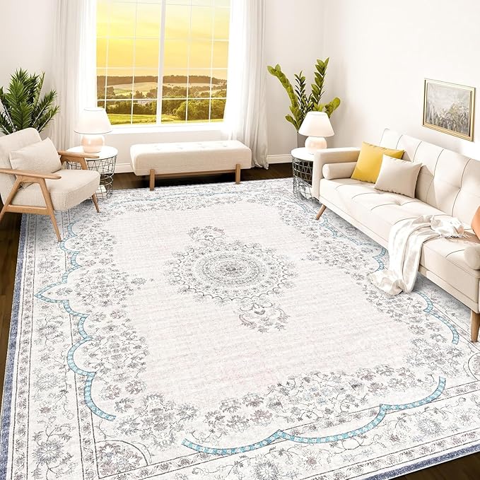 Istana 9x12 Area Rug - Pink Beige Whisper/Grey/Blue Area Rugs - Foldable Washable Area Rugs Living Room - Stain Resistant Washable Rugs for Living Room - 9x12 Rugs