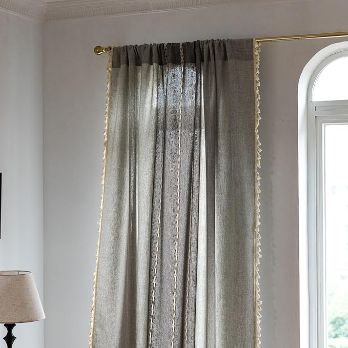 Sutuo Home Boho Curtains 108 inch for Bedroom Living Room, Semi Blackout Linen Farmhouse Shabby Chic Tassels Window Treatment Bohemian Embroidery Drape, Rod Pocket 1 Panel 52" W x 108" L, Gray Linen