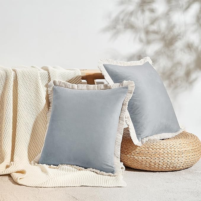 MONDAY MOOSE Decorative Throw Pillow Covers Cushion Cases, Set of 2 Soft Velvet Modern Fringe Tassel Designs, Mix and Match for Home Decor, Pillow Inserts Not Included (Powder Blue, 16x16 inch)
