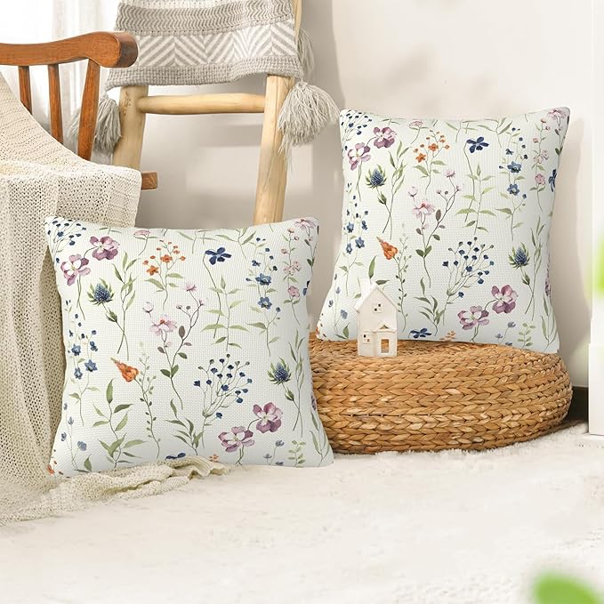 Colored Flowers and Leaves Pillow Covers 18X18 Set of 2, Watercolor Wildflowers Decorative Throw Pillow Covers, Pillowcase Cushion Case for Home Sofa Couch Indoor Outdoor Decorations