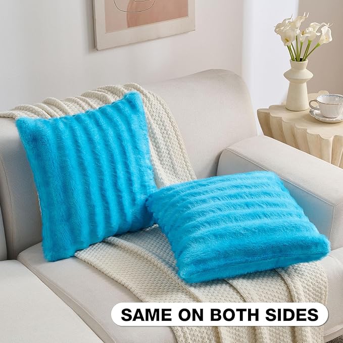 FUTEI Sky Blue Decorative Throw Pillow Covers 22x22 Inch Set of 2,Soft Fluffy Faux Rabbit Fur Dyeing Striped Textured Cushion Case,Modern Home Decor for Couch Bed Living Room
