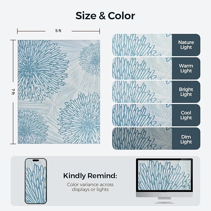 WITSHOCK 5x7 Washable Rug for Living Room,Modern Floral Distress Print Pattern Area Rugs,Stain Resistant with Non Slip Backing Carpet for Dining Room,Bedroom & Home Decor,Blue/Light Blue