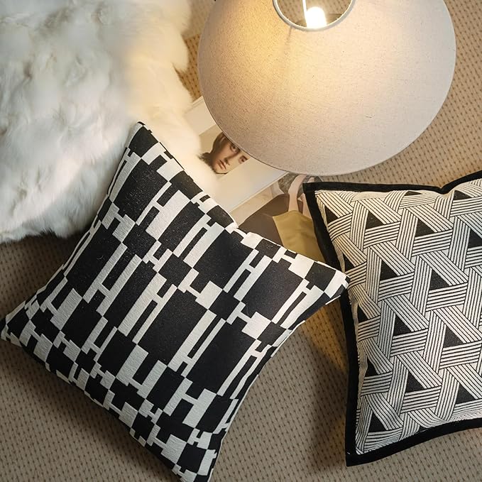 New 18x18'' inches Throw Pillow Cushion Covers - White H Letter Black Color Chenille Jacquard Embroidery Luxury Modern Style Couch Sofa Bed Pillow Cover for Living Room Bedroom