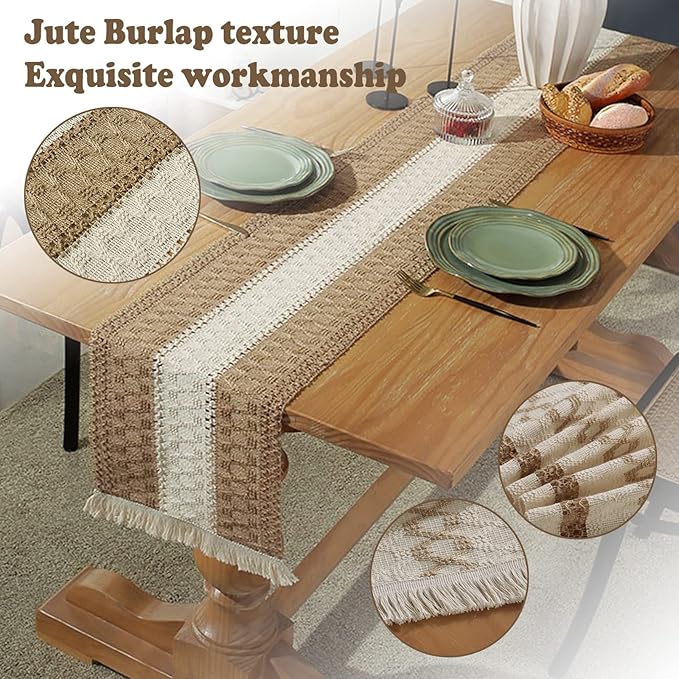 Boho Burlap Macrame Table Runner, Farmhouse Style Cotton Linen Rustic Woven Table Runner with Tassels for Dining, Wedding, Bridal Shower, Bohemian (12x72 inch, Off-White Stripe)