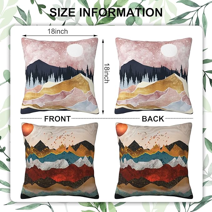 Throw Pillow Covers Golden Mountains Pillow Covers 18x18 Inch Set of 2 Colorful Mountains Throw Pillows Decorative Pillow Cases Cushion Covers for Bedroom Livingroom Sofa Farm House
