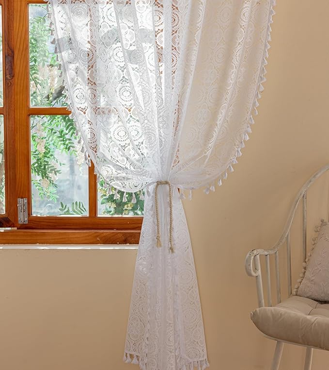 YJ YANJUN Boho Lace Curtains 63 Inch Length 2 Panel Sets White Crochet Curtains with Tassel Vintage Rustic Farmhouse Voile Sheer Drapes Privacy Short Curtains for Bedroom Living Room W59 x L63 White