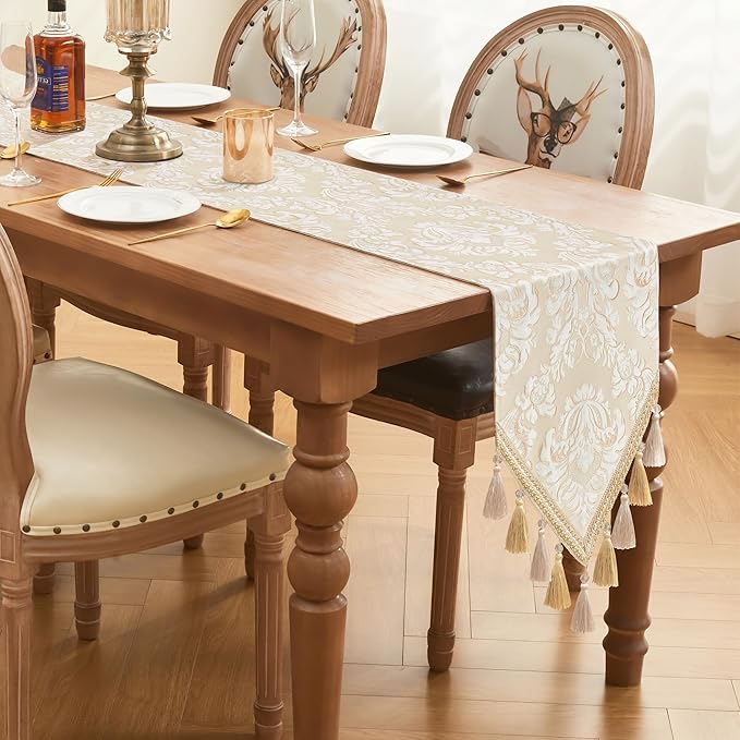 Loom and Mill Elegant Jacquard Table Runner 72 inches Long, Luxury Floral Table Runners with Handmade Multi-Tassels for Dining Room Dresser Party Holiday Banquet Decoration (Beige+White,13x72 inch)