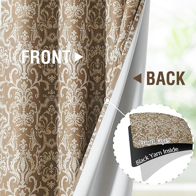 jinchan Room Darkening Curtains for Bedroom Brown Damask Patterned Curtains 84 Inch Length for Living Room Linen Textured Vintage Drapes Medallion Window Treatments Grommet Top 2 Panels Set