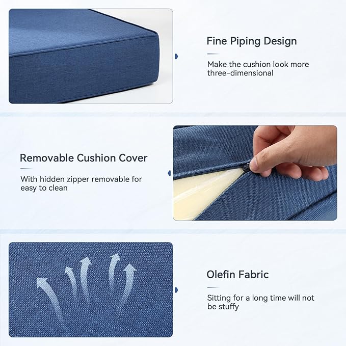 6" Thick Outdoor Cushions 22x24x6, 9-Set Deep Seat Patio Cushions with Removable Cover, Waterproof & Fade Resistant Replacement for Wicker Chair, Loveseat, Sofa - Blue