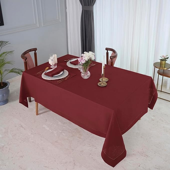 D'Moksha Homes Dark Red Linen Tablecloth 60 x 120 Inch - 100% Pure Linen Hemstitch Tablecloth for Rectangle Tables - Classic Hemstitch, Machine Washable Table Cloth for Thanksgiving, Christmas