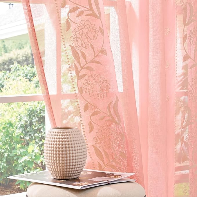 jinchan Winslow Sheer Curtains 63 Inch Length for Dorm Bedroom Bordered Floral Pattern Decorations Short Curtains Light Filtering Window Treatments, 50W x 63L, Beige on Pink, 2 Panels