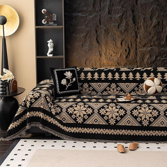 VClife Boho Couch Cover for Sofa, Anti Slip Chenille Sofa Cover for Sectional Sofa - 1 Piece Black Khaki Geometry Jacquard Sofa Slipcover, Pet-Friendly Couch Cushion Cover with Tassel 71"x 150"