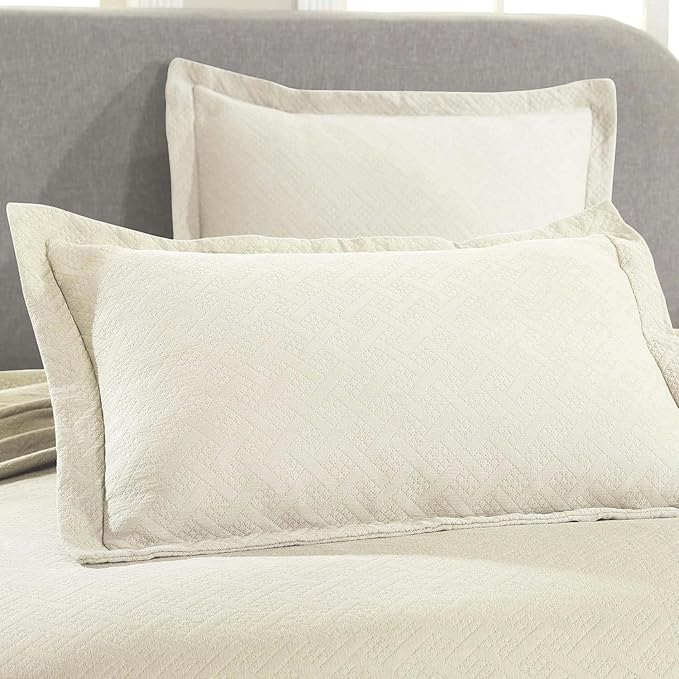 Superior 100% Cotton Basket Weave Bedspread with Shams, All-Season Premium Cotton Matelasse Jacquard Bedding, Quilted-Look Geometric Basket, Twin, Ivory