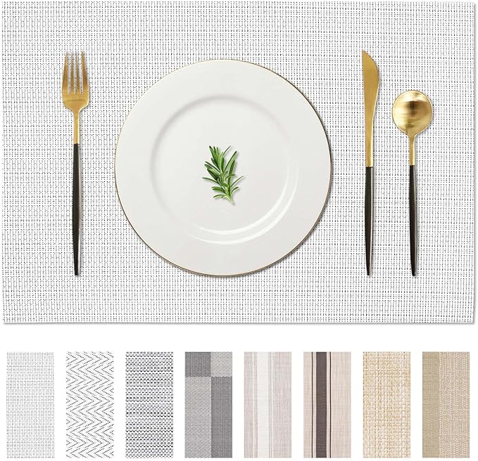 AHHFSMEI Placemats for Dining Table Set of 8 Woven Vinyl Plastic Place Mats Non-Slip Heat Insulation Stain Resistant Table Mats Washable Easy Clean Placemats (White,8)