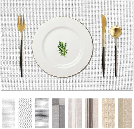 AHHFSMEI Placemats for Dining Table Set of 8 Woven Vinyl Plastic Place Mats Non-Slip Heat Insulation Stain Resistant Table Mats Washable Easy Clean Placemats (White,8)