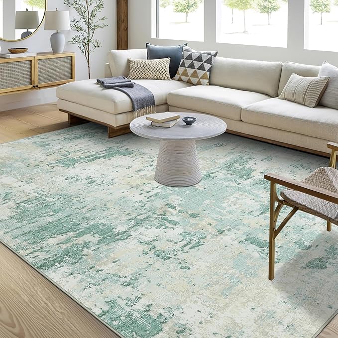 Modern Abstract Area Rug 9x12 Non Slip Non Shedding Rug Low Pile Stain Resistant for Bedroom Living Room,Green