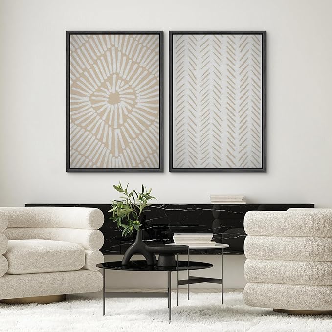SIGNWIN Framed Canvas Print Wall Art Set Tan White Tropical Geometric Collage Abstract Shapes Cozy Neutral Modern Art Minimal Boho Relax/Calm for Living Room, Bedroom, Office - 24"x36"x2 Black