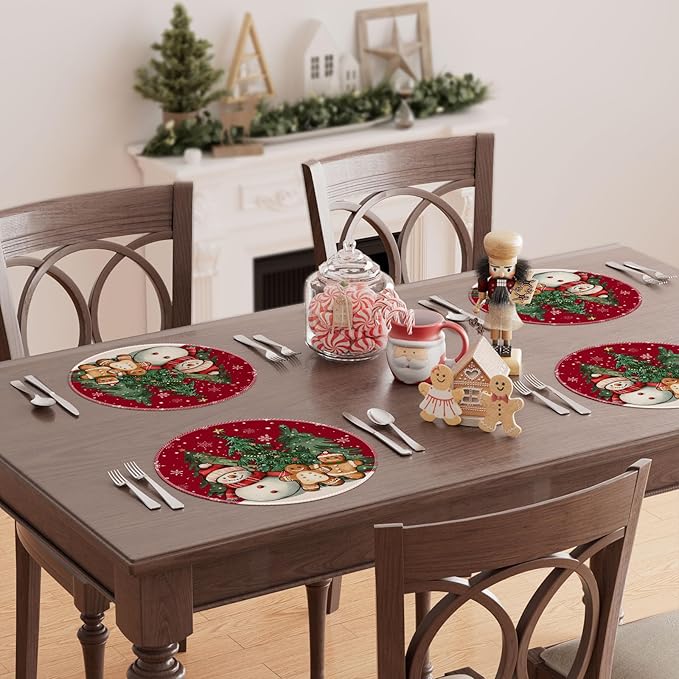 XCHI Winter Red Snowman Gingerbread Man Christmas Tree Xmas Round Placemats Set of 4 Table Mats for Party Home Kitchen Dining Table Decorations 14x14 Inch