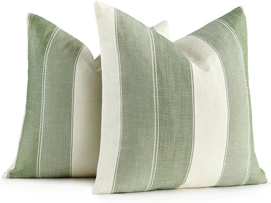 AmHoo Pack of 2 Farmhouse Stripe Check Throw Pillow Covers Set Case Cotton Linen Decorative Pillowcases Cushion Cover for Couch Bench Sofa 22x22 Inch Sage Green