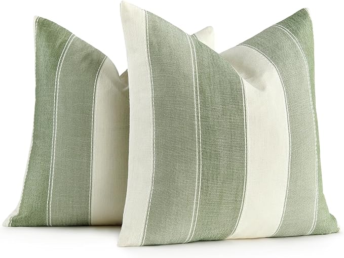 AmHoo Pack of 2 Farmhouse Stripe Check Throw Pillow Covers Set Case Cotton Linen Decorative Pillowcases Cushion Cover for Couch Bench Sofa 24x24 Inch Sage Green