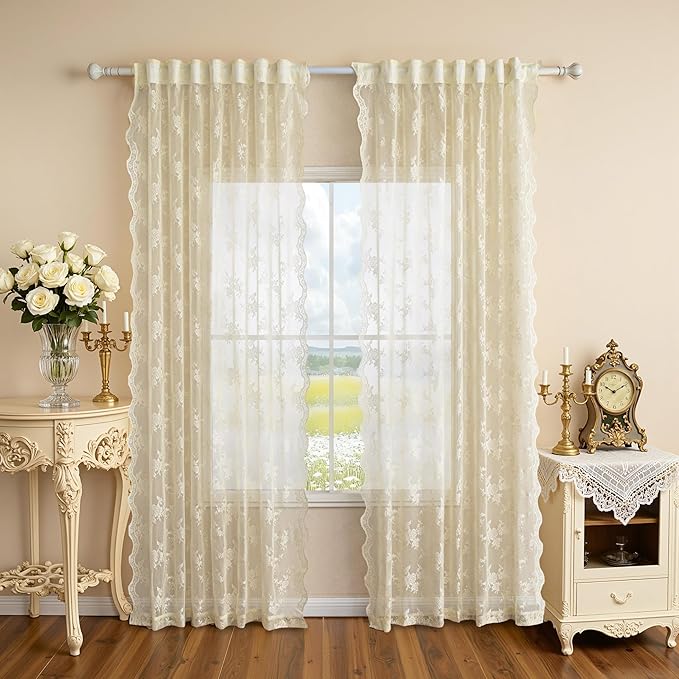 MEETSKY Lace Sheer Curtains 63 Inch Length Light Yellow Vintage Victorian French Elegant Light Filtering Back Tab Rod Pocket Boho Style Drapes for Living Room Bedroom for Farmhouse, 50"x63", 2 PCs