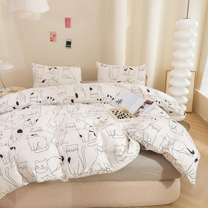 ECOCOTT Duvet Cover King Size, 3 Pcs Cartoon Cats Animal Print Pattern Duvet Cover Set, Super Soft Comforter Quilt Cover with Zipper Closure 4 Ties