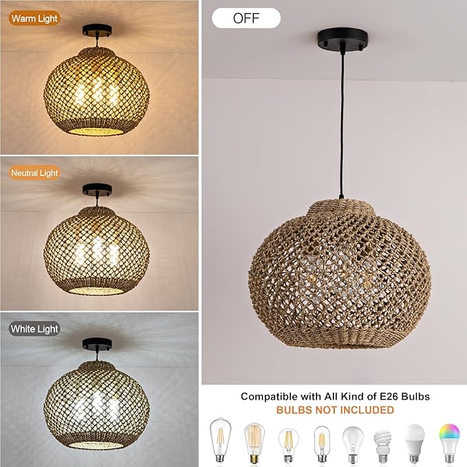 17IN Rustic Farmhouse Pendant Lights, 3-Lights Boho Rattan Hand-Woven Hanging Light Fixture, Natural Seagrass Weaving Ceiling Chandelier for Kitchen Island Entry Living Room Dining Room Bedroom