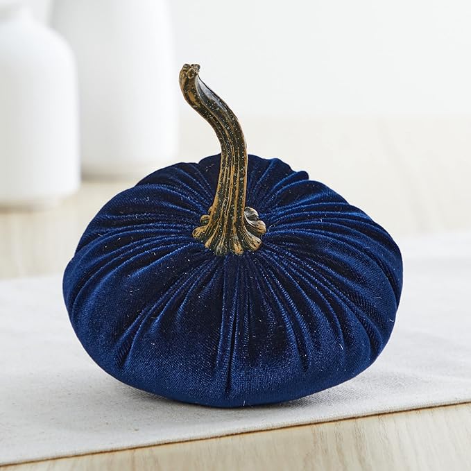 Your Heart's Content Set of 4 Small Velvet Pumpkins, Indigo Blue Decor, Gift Our Little Pumpkin Baby Shower Decorations boy, White Pumpkin Centerpiece, Navy (Sm 2Indigo Navy Ivory)