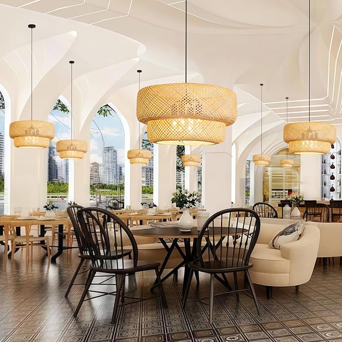 23.62" Bamboo Pendant Light,4-Light Boho Rattan Hanging Light,Hand Woven Wicker Chandelier for Kitchen Island for Kitchen Island Dining Bedroom Living Room Restaurants