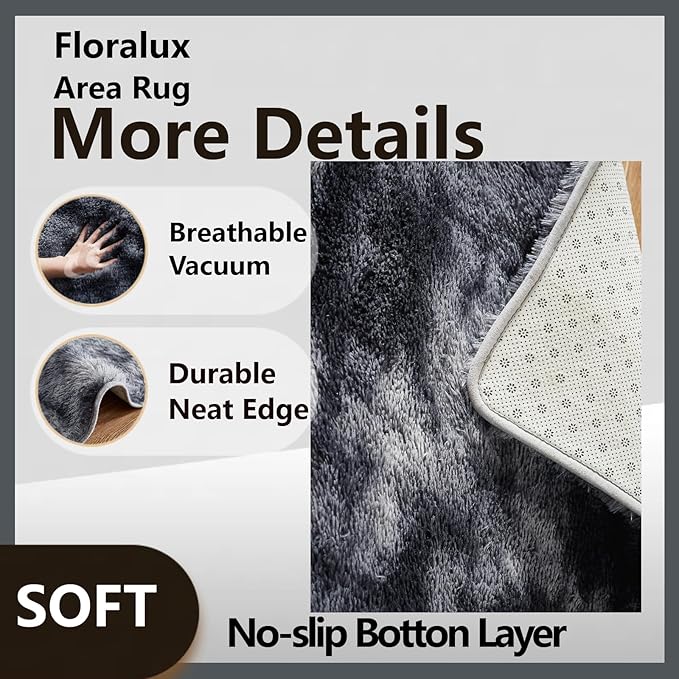 Floralux Upgrade 4x6 Rugs for Bedroom, Tie-Dyed Dark Grey, Fluffy Shaggy Soft Area Rug for Living Room, Non-Slip Indoor Floor Carpet for Nursery, Kids Baby Boys Teen Dorm Home Decor Aesthetic