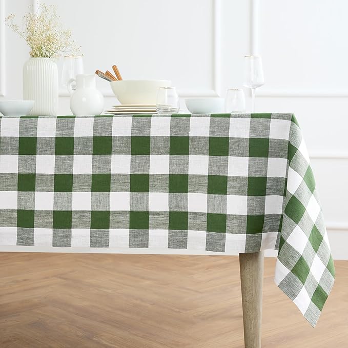 Solino Home Linen Checkered Tablecloth 60 x 108 Inch - 100% Pure Linen Olive and White Buffalo Plaid Table Cloth for Rectangle Tables - Machine Washable Tablecloth for Fall, Autumn