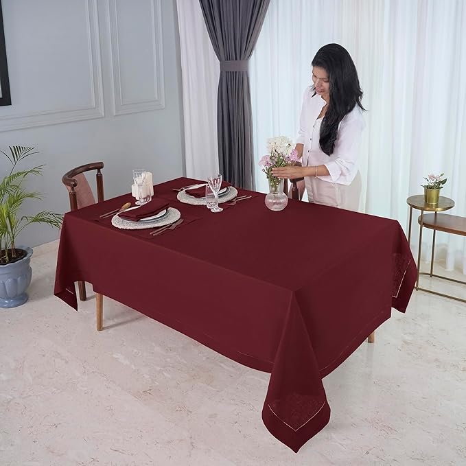 D'Moksha Homes Dark Red Linen Tablecloth 60 x 156 Inch - 100% Pure Linen Red Tablecloth for Rectangle Tables - Classic Hemstitch, Machine Washable Table Cloth for Thanksgiving, Christmas, Holiday
