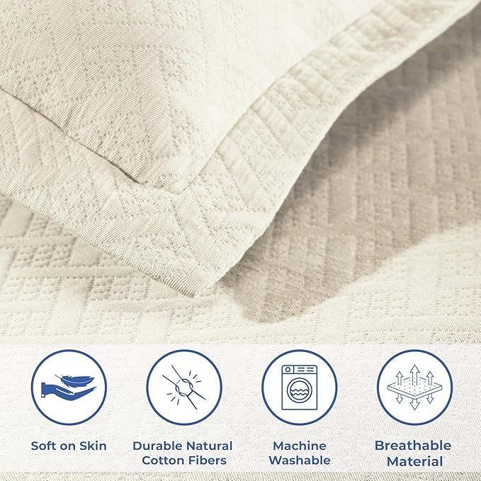 Superior 100% Cotton Basket Weave Bedspread with Shams, All-Season Premium Cotton Matelasse Jacquard Bedding, Quilted-Look Geometric Basket, Twin, Ivory