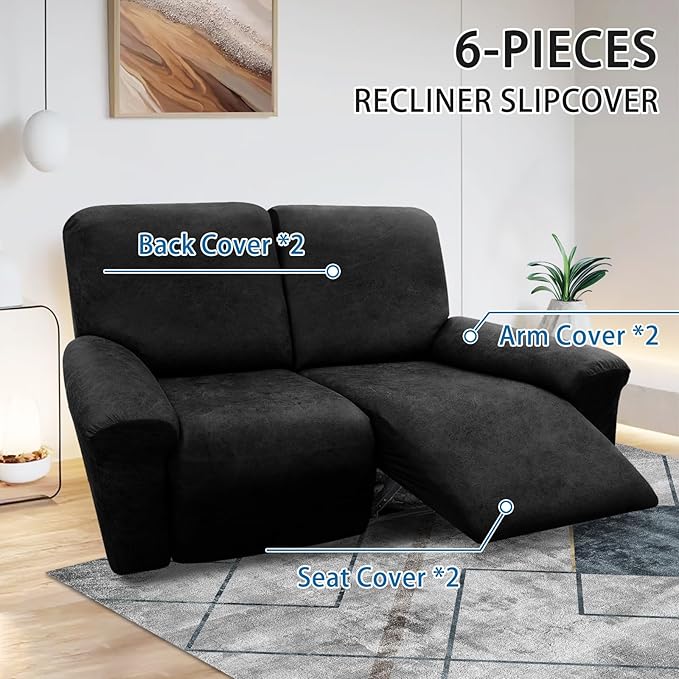 Loveseat Recliner Cover - 6-Piece 2 Seater Slipcover With Pockets, Leather Look Spandex Furniture Protector (Black)