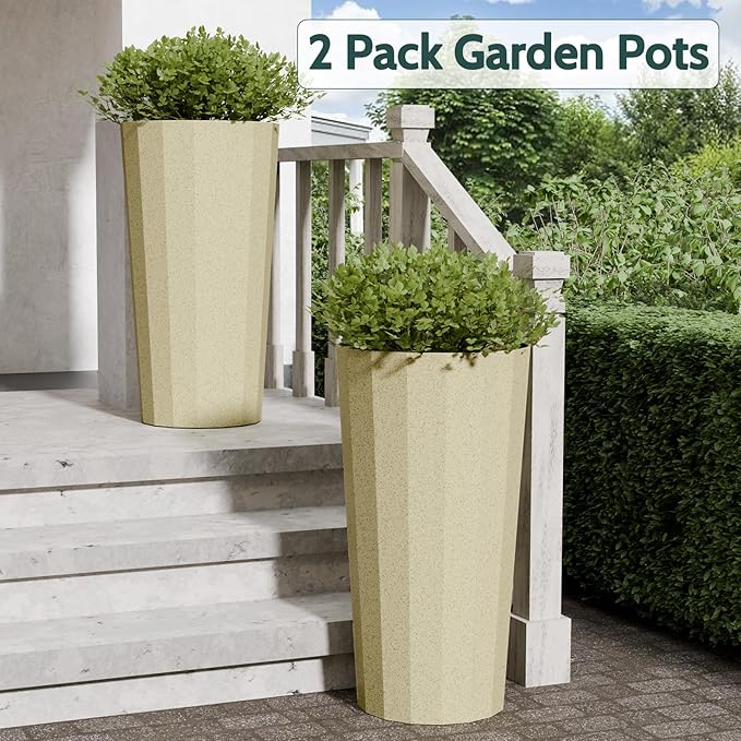 2PCS Tall Planters for Outdoor Plants, 23.6 Inches Large Outdoor Conical Flower Pots for Porch with Drainage Holes and Drainage Baffle, Tapered Large Planters for Garden, Balcony Use, Beige
