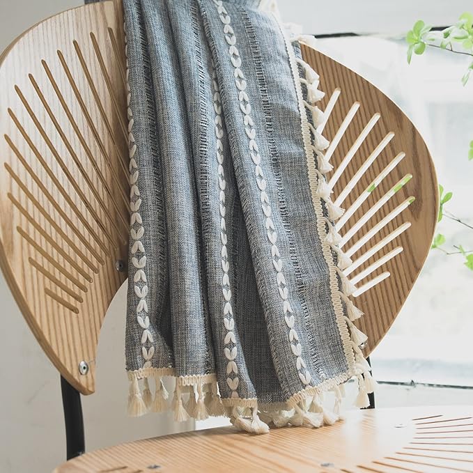 Sutuo Home Boho Curtains Striped Embroidery for Bedroom Living Room Patio, Semi-Blackout Linen French Country Vintage Chic Tassels Hollow Window Treatment Bohemian Drape, 1 Panel 52" W x 108" L, Blue
