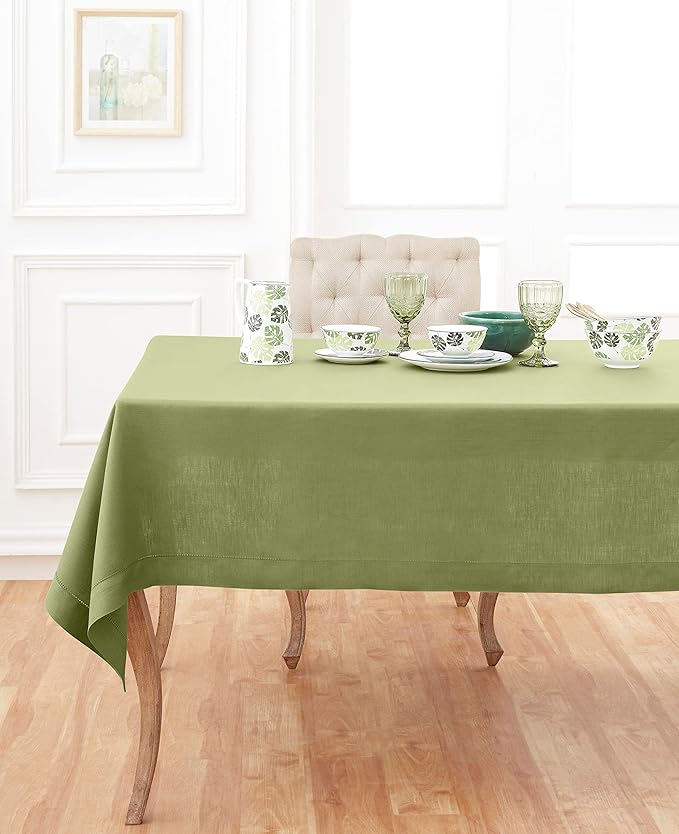 Solino Home Linen Tablecloth 60 x 90 Inch - Classic Hemstitch 100% Pure Linen Moss Green Table Cloth for Rectangle Tables - Machine Washable Tablecloth for Fall, Autumn, Thanksgiving, Winter