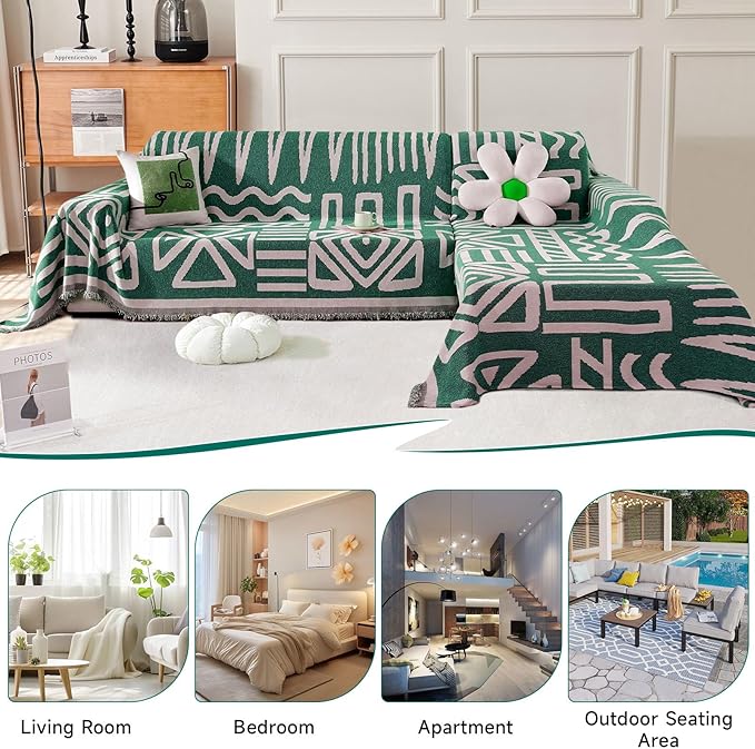 VClife Boho Couch Cover for 3 Cushion Couch Chenille Sofa Cover for Sectional Sofa, Modern Dark Green Sofa Slipcover Washable Couch Covers for L-Shape Sofa Reversible Sofa Protector 71''x134''