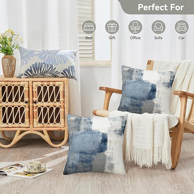 Blue and Grey Abstract Art Pillow Covers 18X18 Set of 2, Grunge Style Oil Painting Decorative Throw Pillow Covers, Pillowcase Cushion Case for Home Sofa Couch Indoor Outdoor Decorations