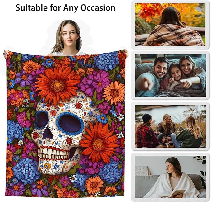 Sugar Skull Throw Blanket, Gift for Women and Men, Day of Dead Theme, Lightweight Fleece for Halloween Home Decor, Couch and Chair, 60x80 Inches