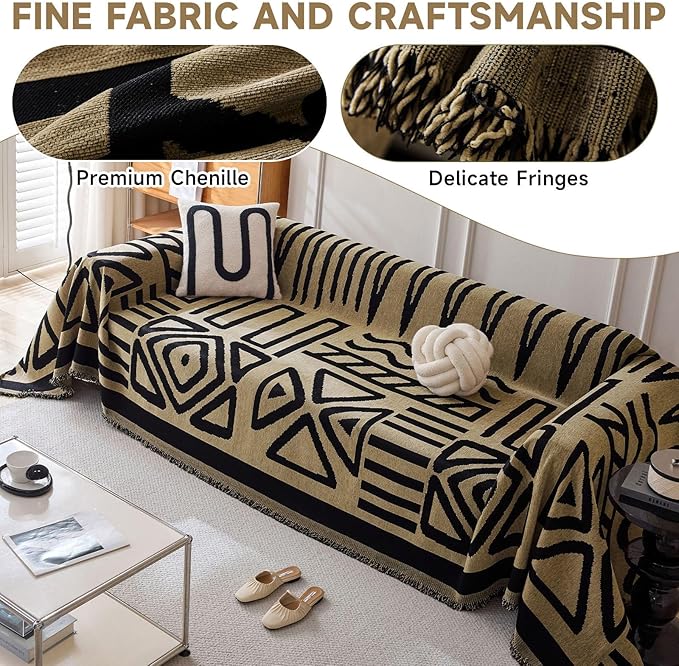 VClife Boho Couch Cover Soft Thick Chenille Couch Covers for Sectional Sofa, Bohemian Jacquard Couch Cover for 2 Cushion Couch Sofa Washable Breathable Furniture Protector, Camel, 71"x118"
