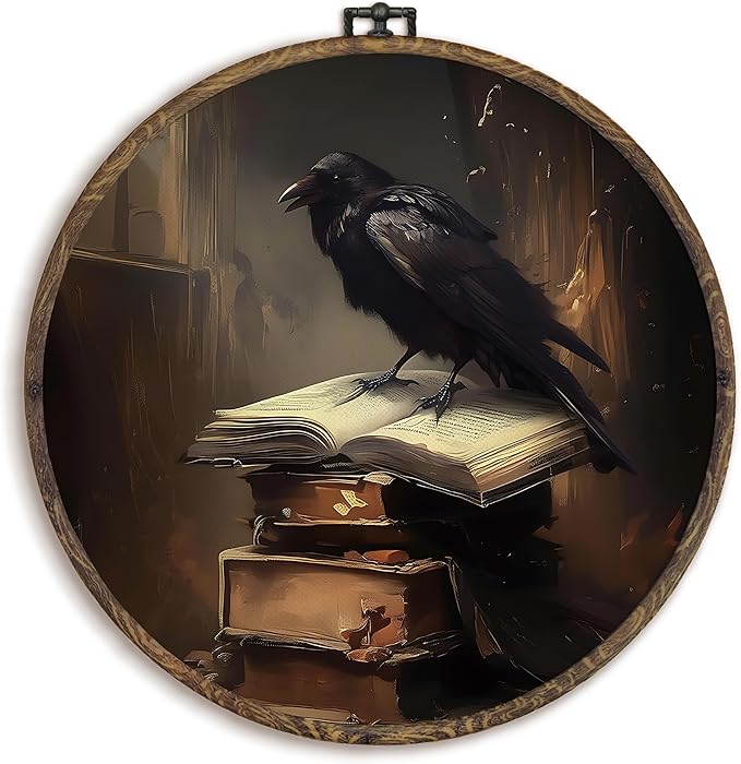 KFXHANGD Vintage Dark Academia Raven Round Wall Art Framed, Moody Black Crow Canvas Wall Art Decor, Gothic Black Raven Hanging Decor for Bedroom Living Room, 10x10inch