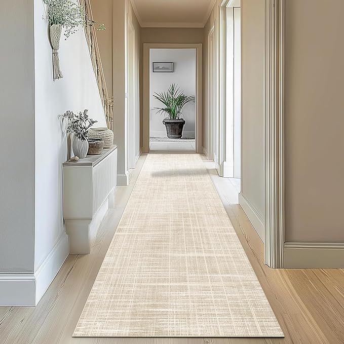 Enkor Runner Rugs for Hallway, 2'7"x10'6" Washable Soft Non Slip Abstract Rugs for Kitchen, Modern Mat for Entryway Living Room Bedroom Beige Grid