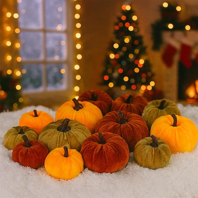 12 Faux Flocked Pumpkins, Perfect for Fall Harvest, Halloween, or Thanksgiving Table Centerpieces(12, Orange, Yellow, and Crimson)