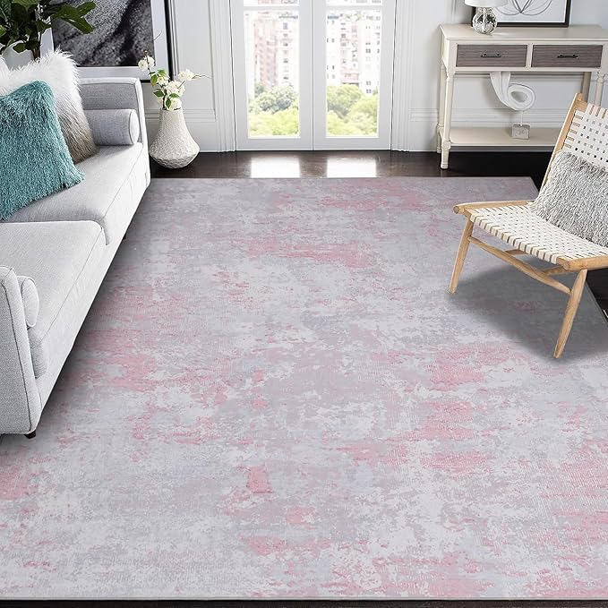 Modern Abstract Area Rug 10x13 Non Slip Non Shedding Rug Low Pile Stain Resistant for Bedroom Living Room,Grey Pink